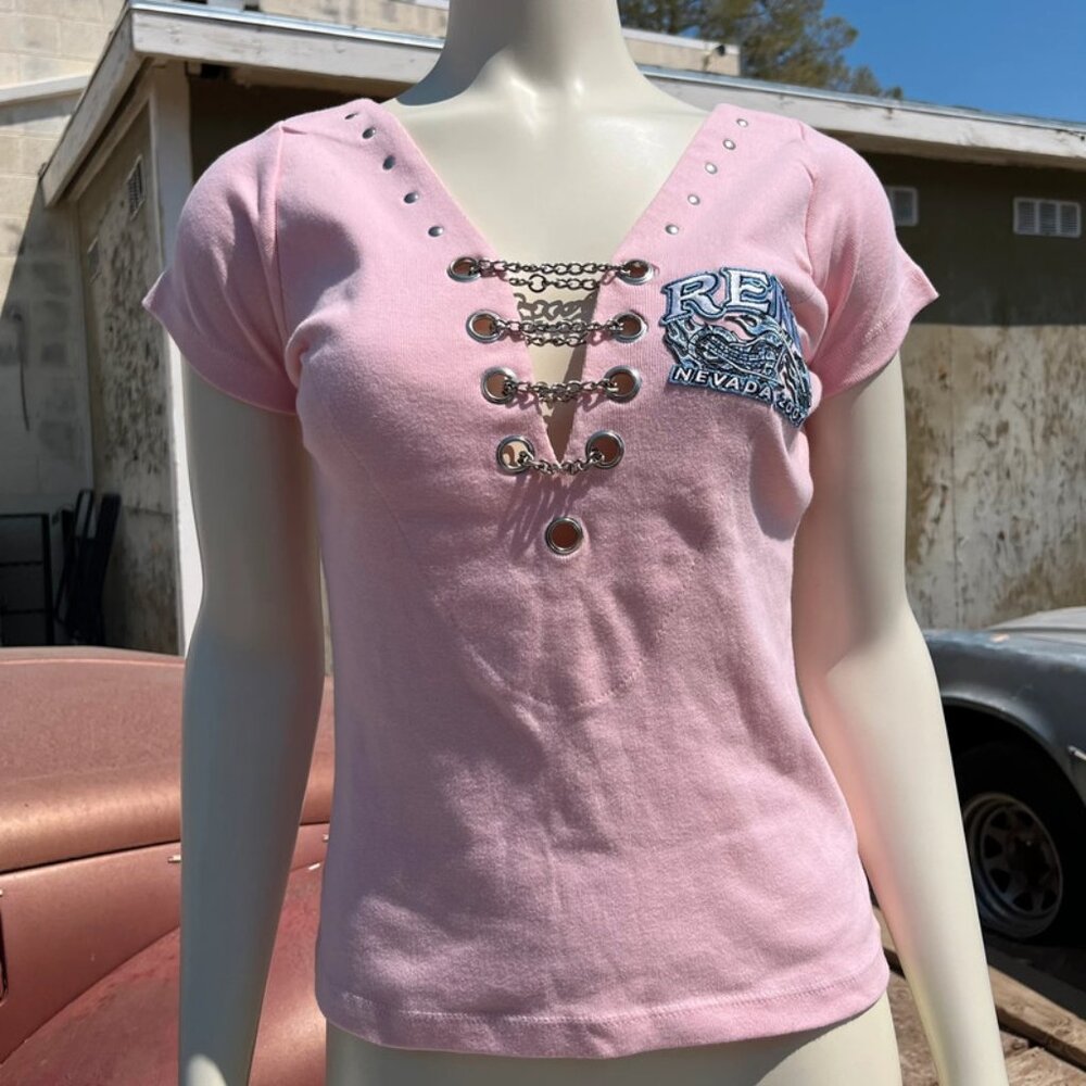 pink lace up shirt